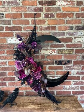 Noir night Crescent Moon Floral Wall Accent in Purple by